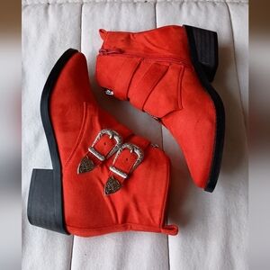 Red Orange Girls Ankle Boots With Buckles_4